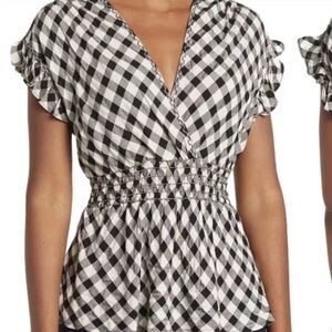 Max Studio Black White Gingham V-Neck Ruffle Sleeve Peplum Blouse Size XS